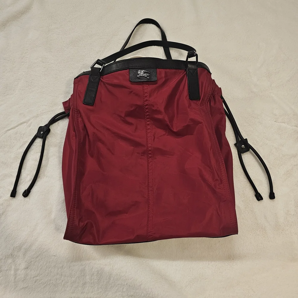 Burberry Buckleigh Red Nylon Tote Bag With Black Leather Trim